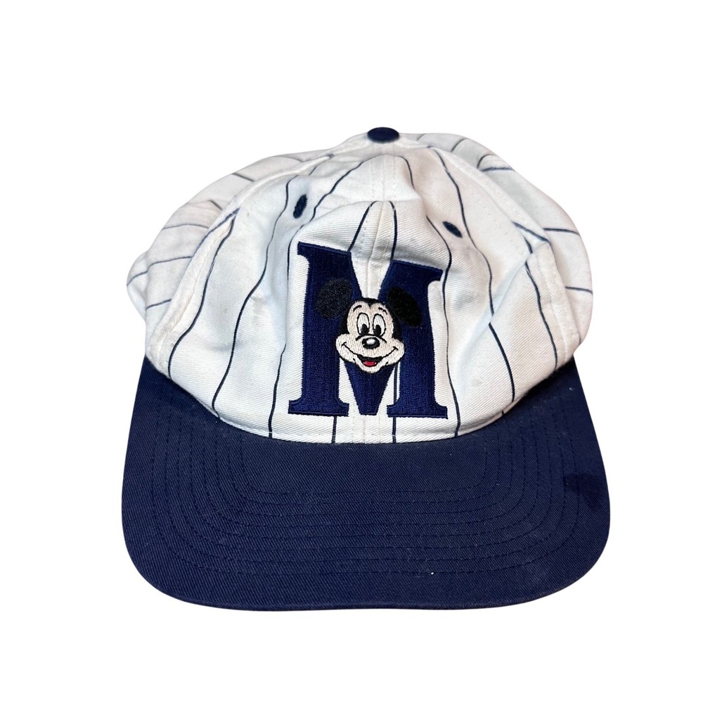 Vintage Mickey Mouse Disney Pinstripe Baseball Snapback Hat White Navy Blue M